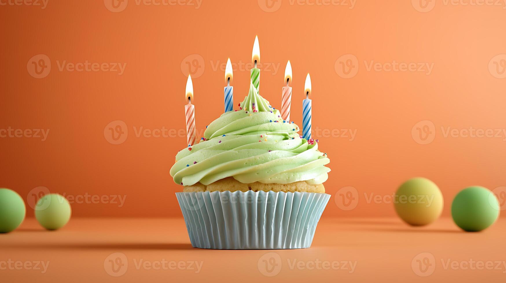 Colorful birthday cupcake with lit candles, vibrant background with playful spheres photo