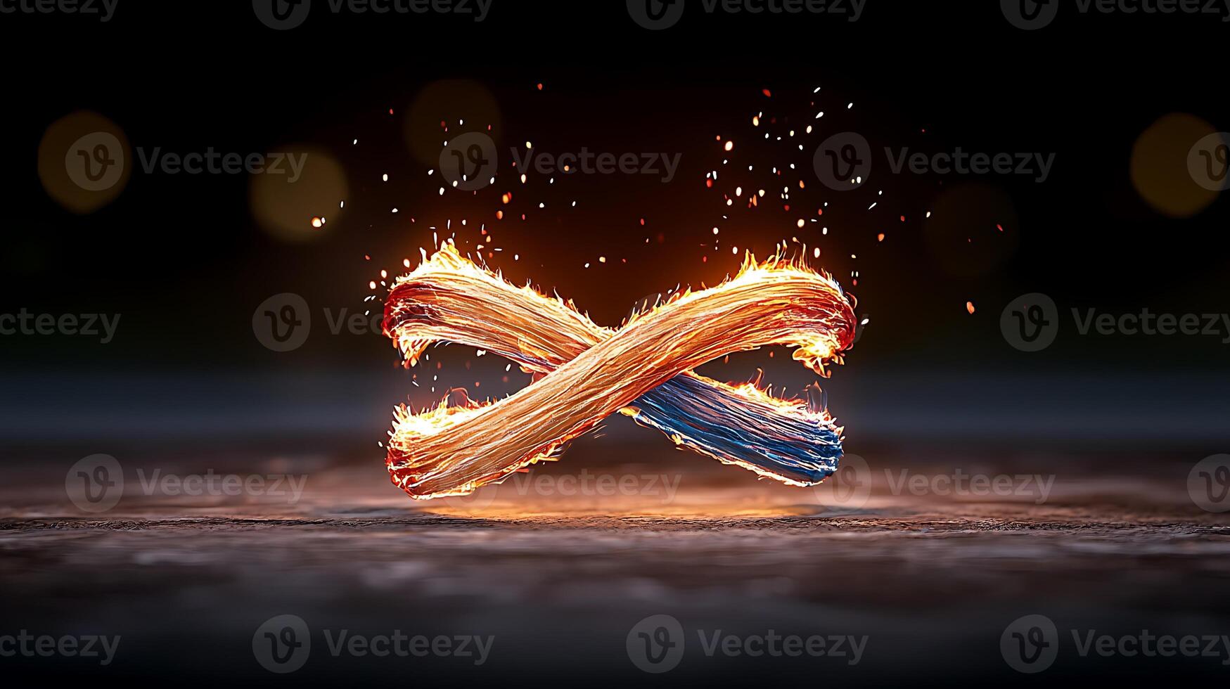 Colorful burning ropes intertwined in a dark setting with glowing sparks and bokeh lights photo
