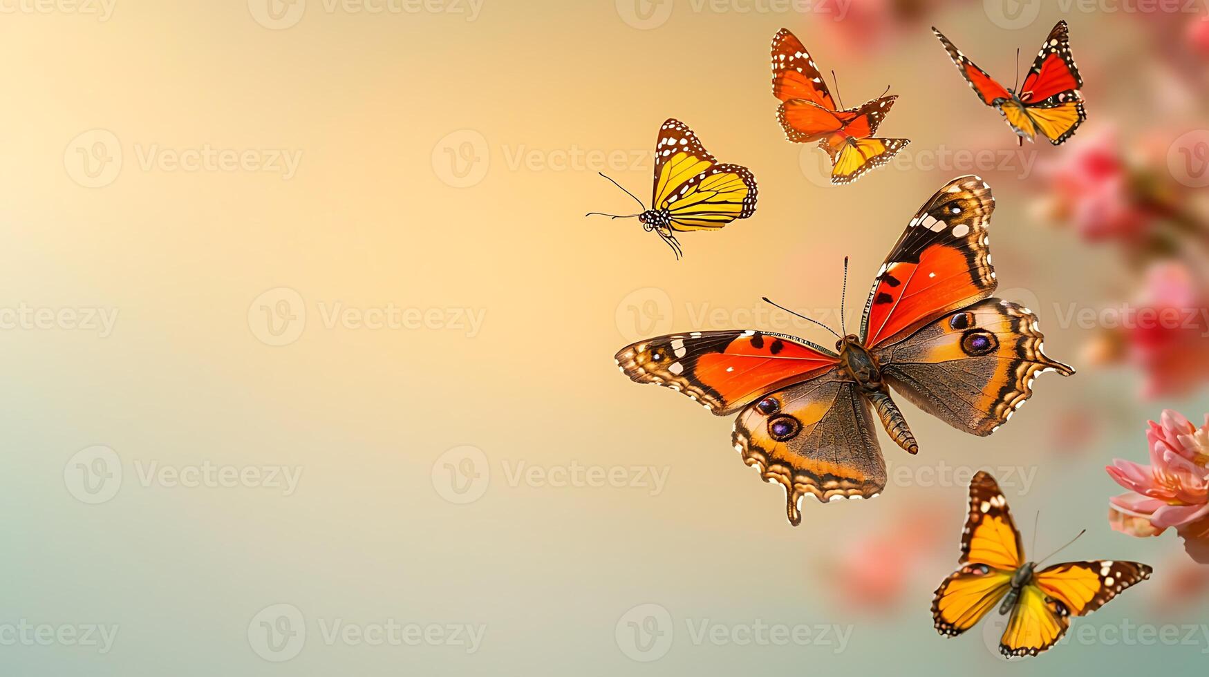 Colorful butterflies fluttering among blooming flowers in a serene pastel background photo