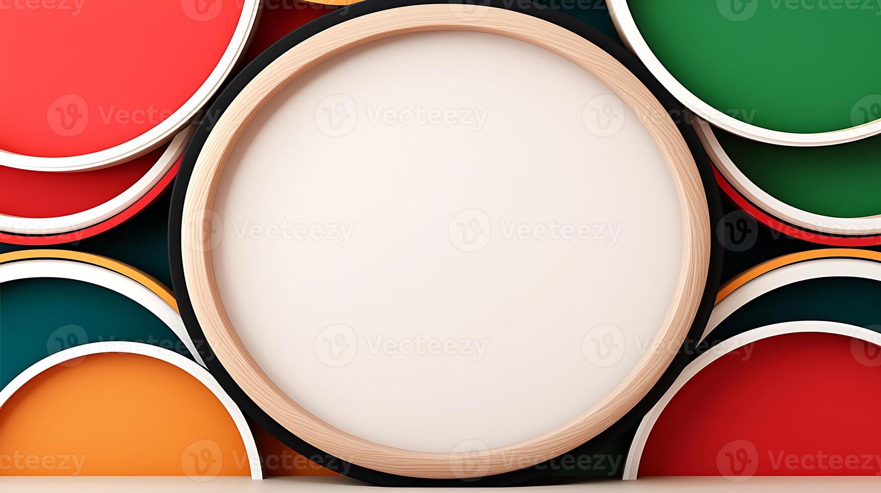 Colorful circular plates stacked creatively with a blank center for customizable designs photo