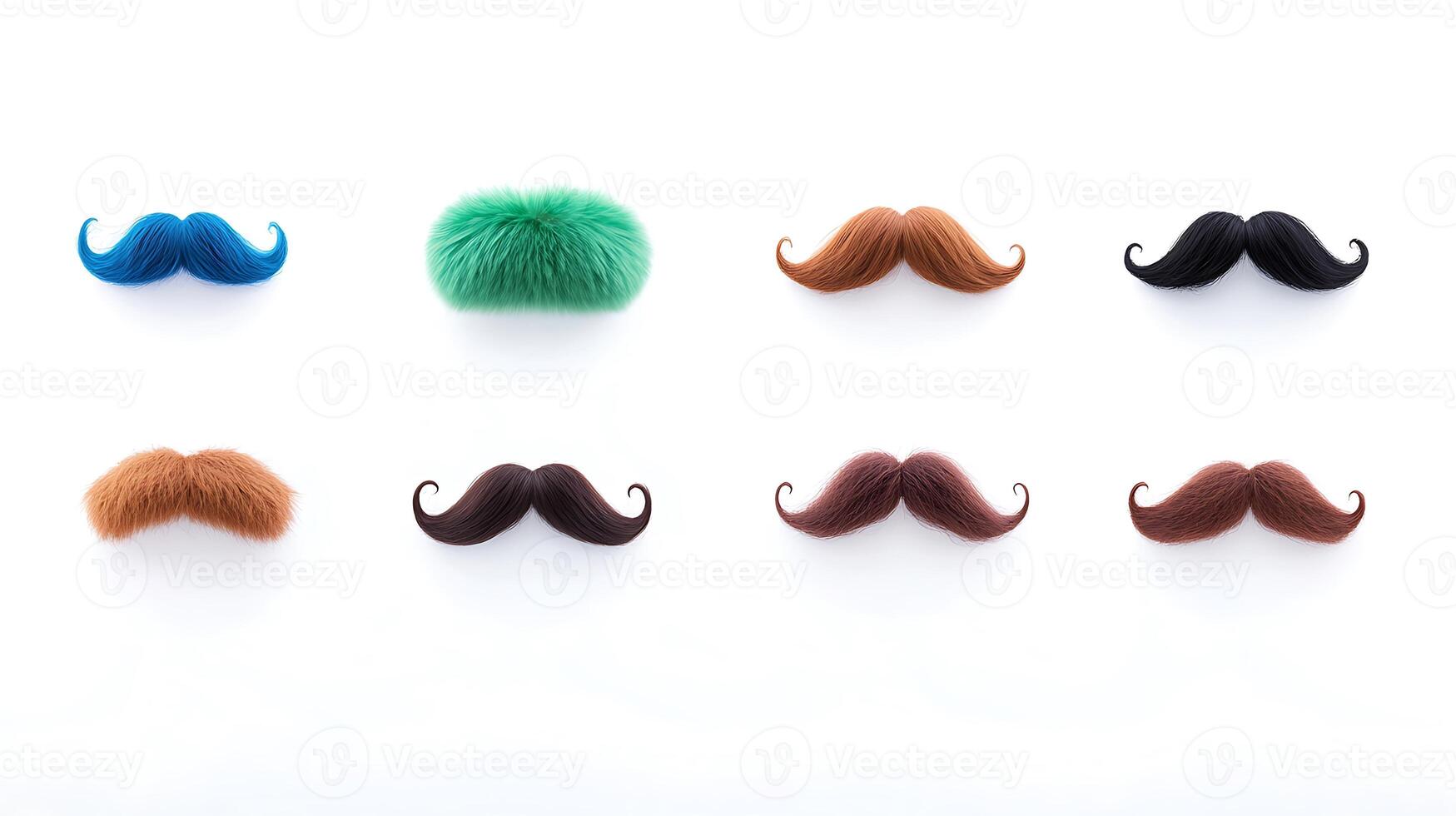 Colorful collection of various mustaches arranged on a white background, showcasing diversity photo