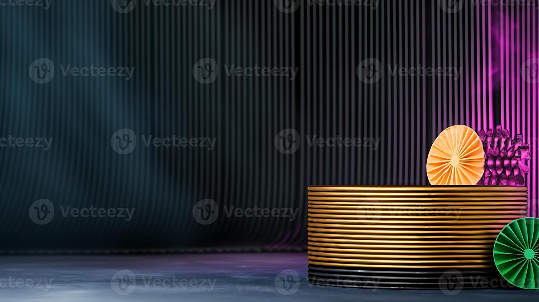 Colorful circular objects on layered backgrounds with dramatic lighting and shadows photo