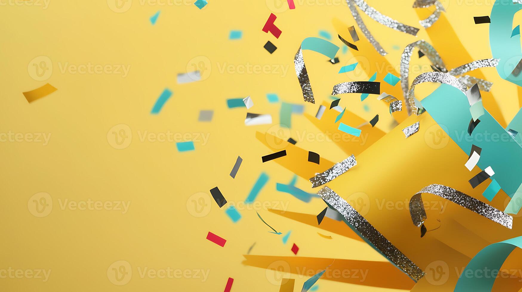 Colorful confetti and streamers burst from a yellow background, celebrating a joyful occasion photo