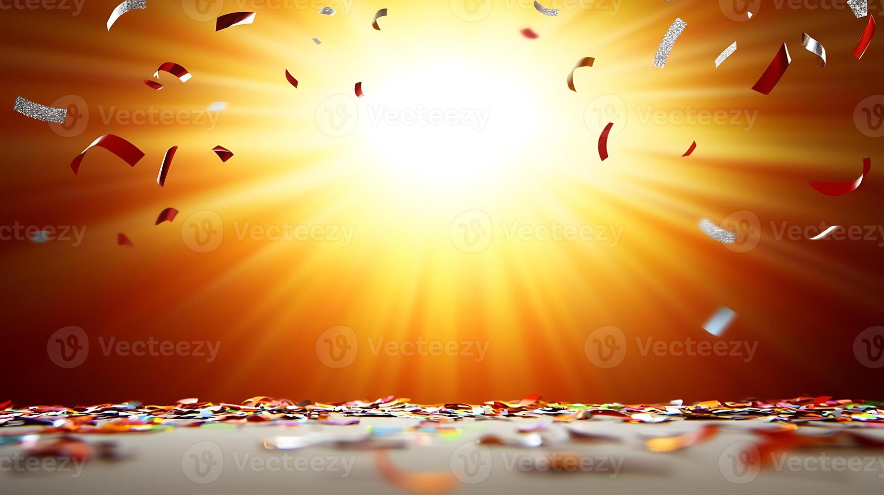 Colorful confetti scattered on a surface with bright rays of light shining in the background photo