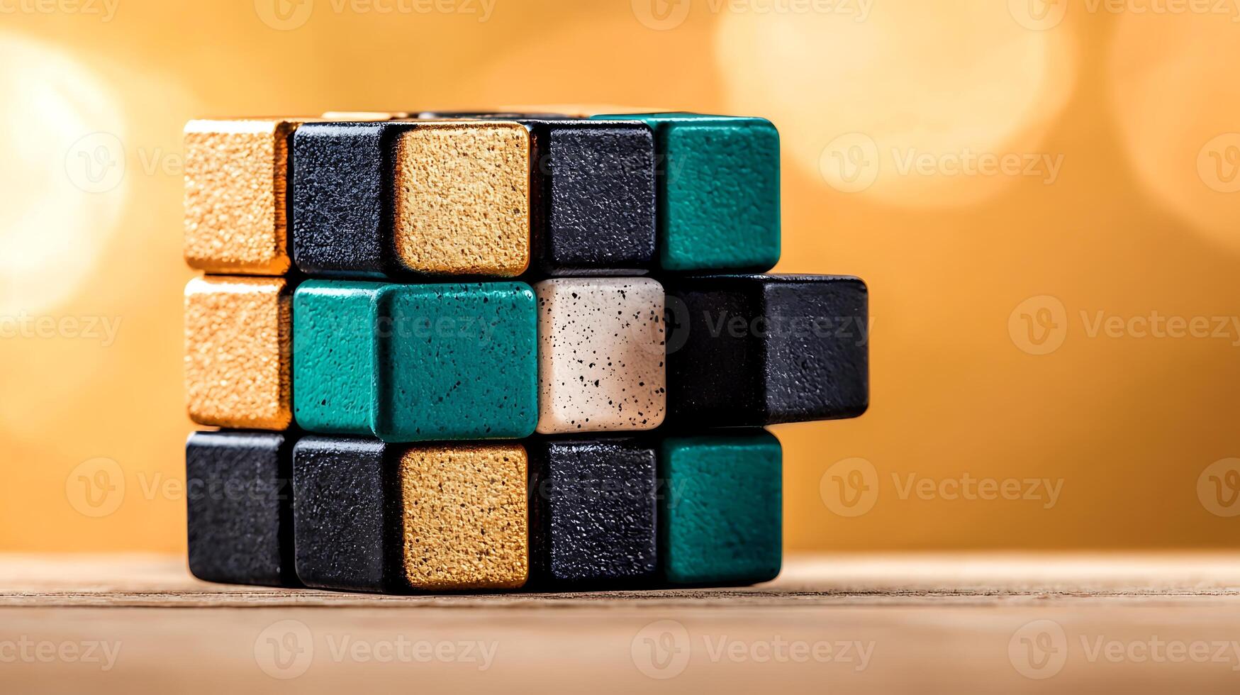 Colorful cube puzzle on a wooden surface with a blurred golden background, symbolizing creativity photo
