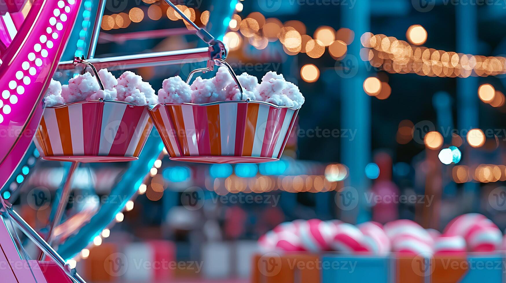 Colorful cotton candy stands at a vibrant fairground with glowing lights and festive atmosphere photo