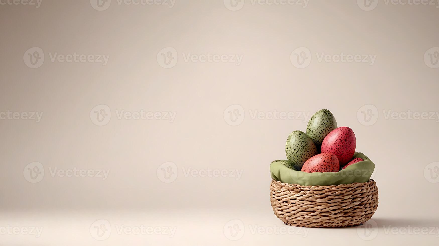 Colorful Easter eggs arranged in a wicker basket on a neutral background, symbolizing spring photo