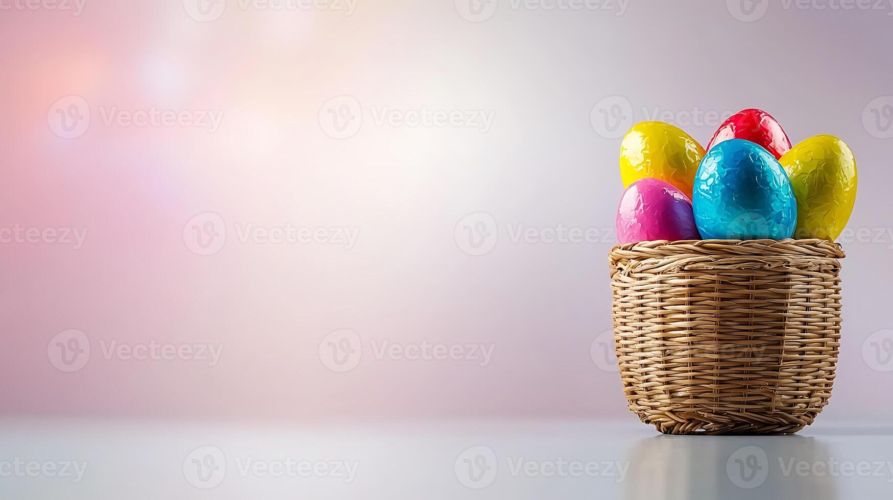 Colorful Easter eggs arranged in a wicker basket with a soft pastel background, celebrating spring photo