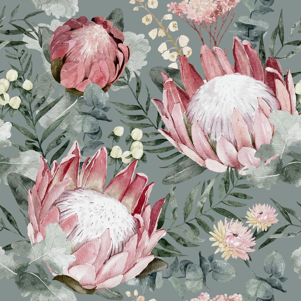 Delicate watercolor protea seamless pattern, suitable for wallpapers, textile, fabric, scrapbooking paper, wedding stationery or surface design vector