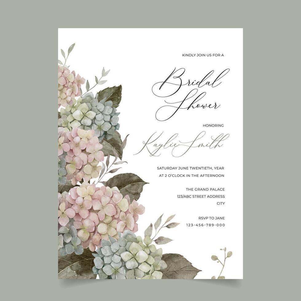 Watercolor Hydrangea Bridal Shower Invitation Template vector