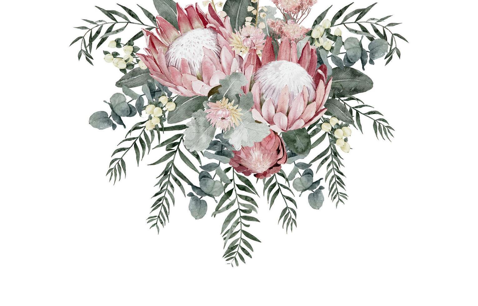 Watercolor Floral Border with Protea, Eucalyptus, Pepper tree leaves and Dusty Miller Leaves. Banner Design Decoration vector