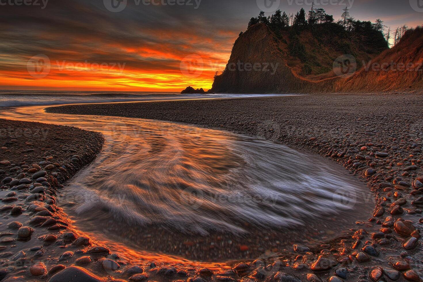 A river flowing over rocks at sunset photo