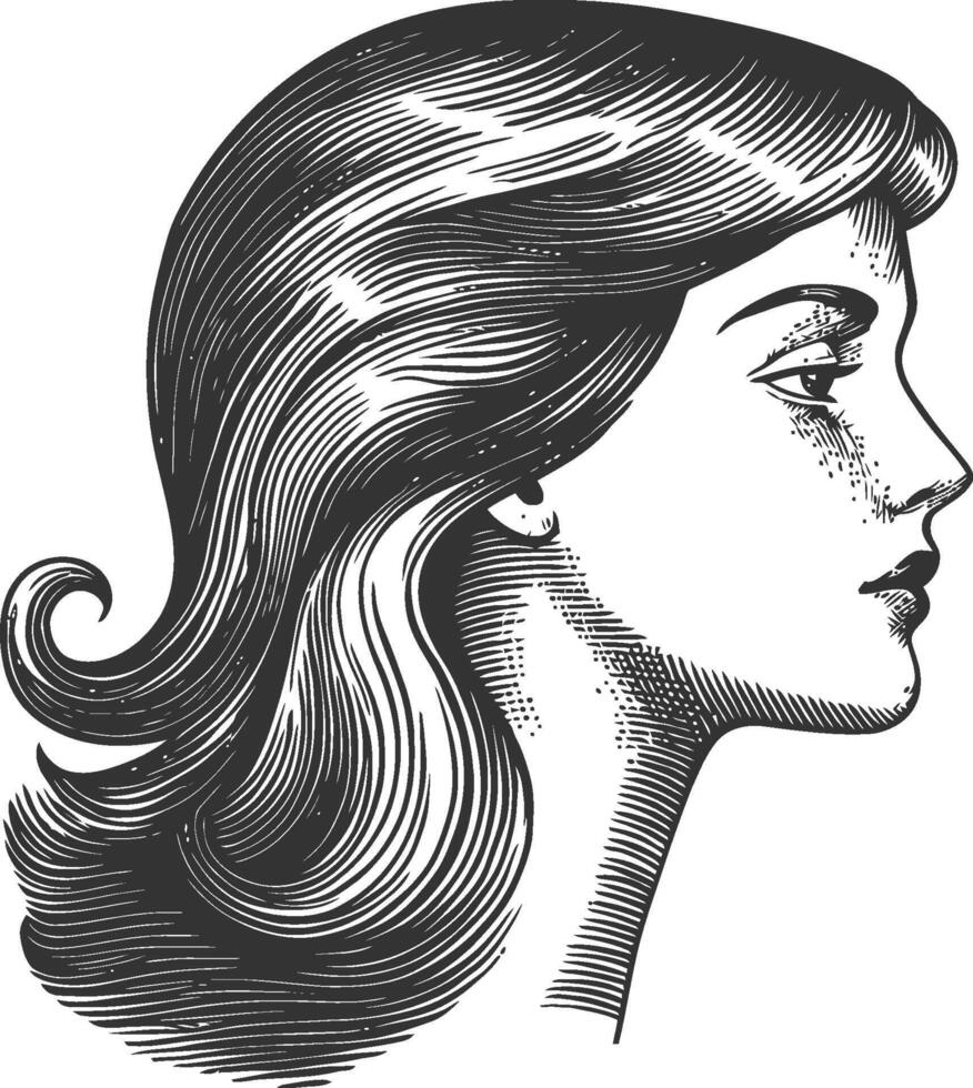 Elegant Profile of a Woman in Engraved Linocut Style Design vector