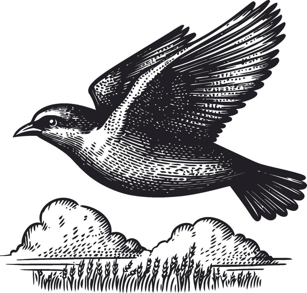 Detailed Engraving of a Flying Bird Over Landscape in Linocut Style vector