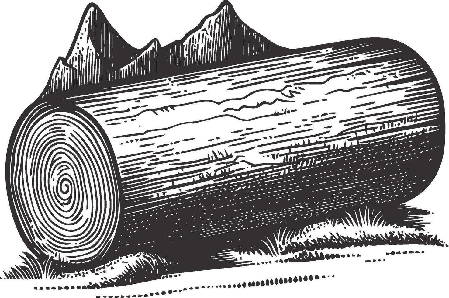 Vintage Engraving of Log with Mountains and Grass in Black and White vector