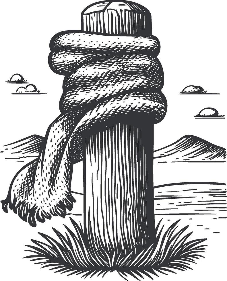 Engraving of a Wooden Post Wrapped in a Scarf with Scenic Background vector