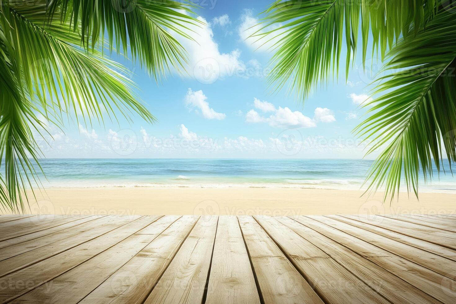 Wooden floor with palm trees and blue sky photo