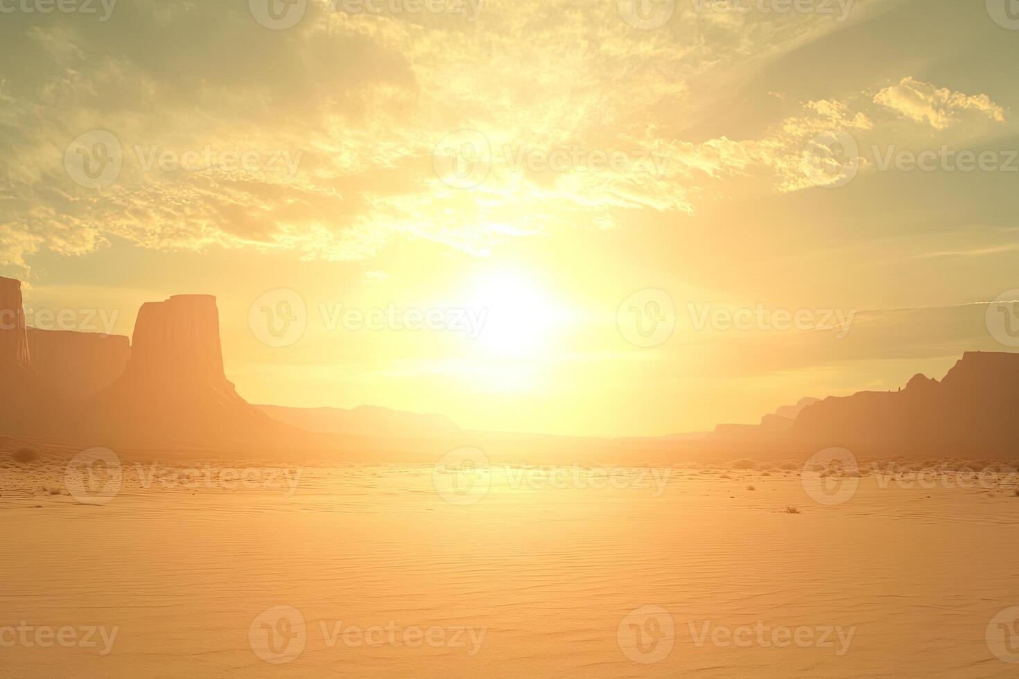A desert scene with a sun setting over the sand photo