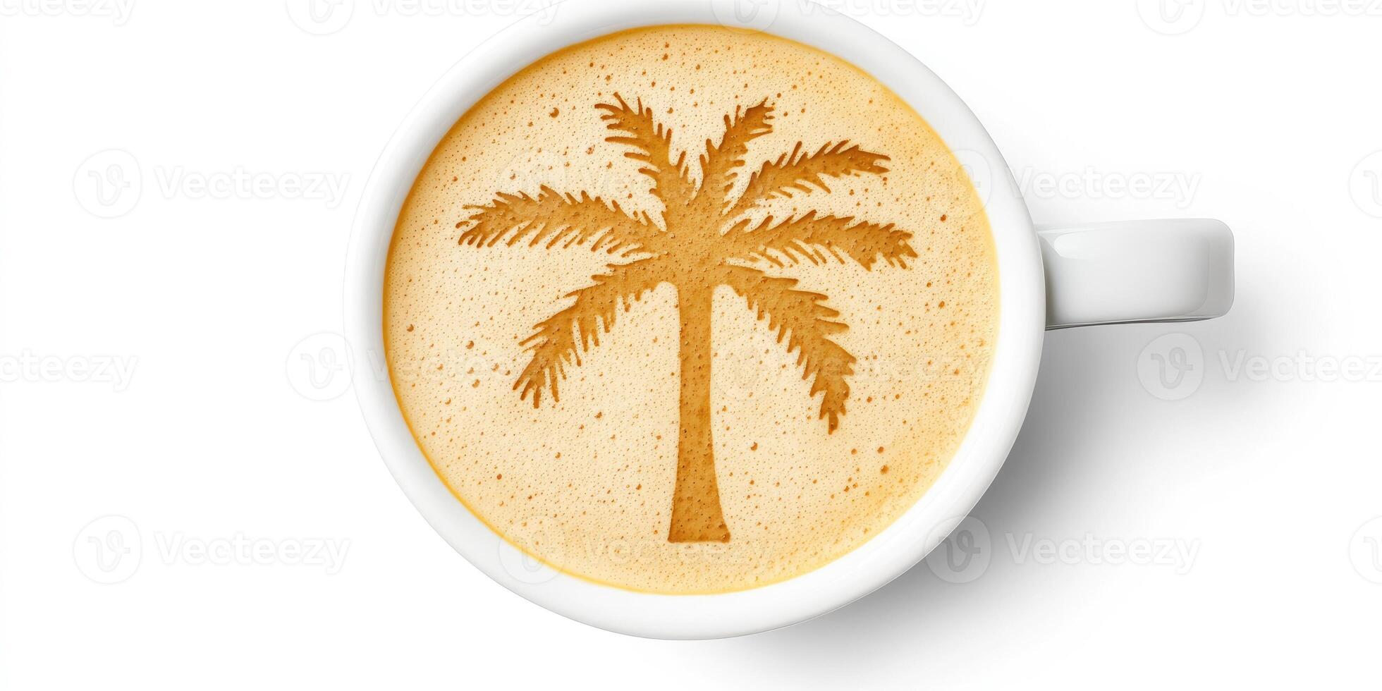 A cup of coffee with a palm tree drawn on it photo