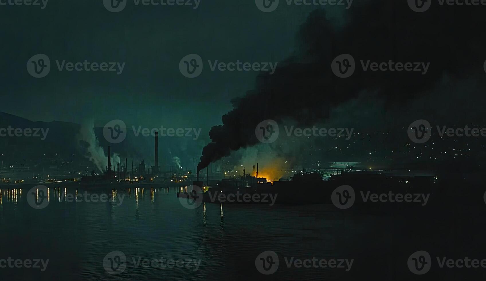 A dark night scene with smoke coming out of a factory photo