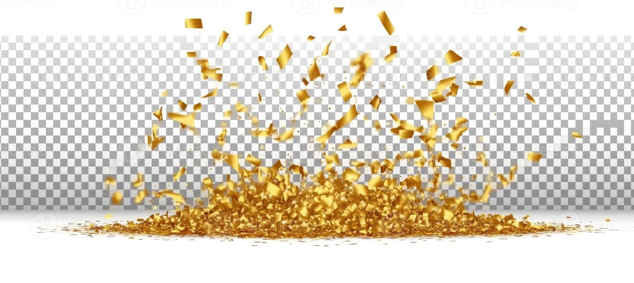 Golden confetti falling from the air on a transparent background photo