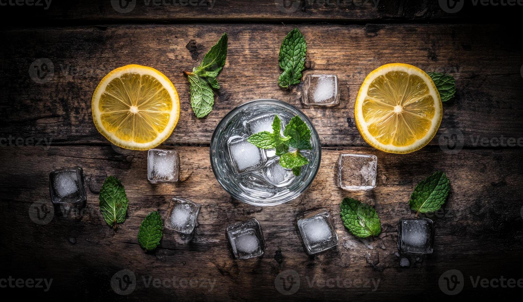Lemon and ice cubes on a wooden table photo