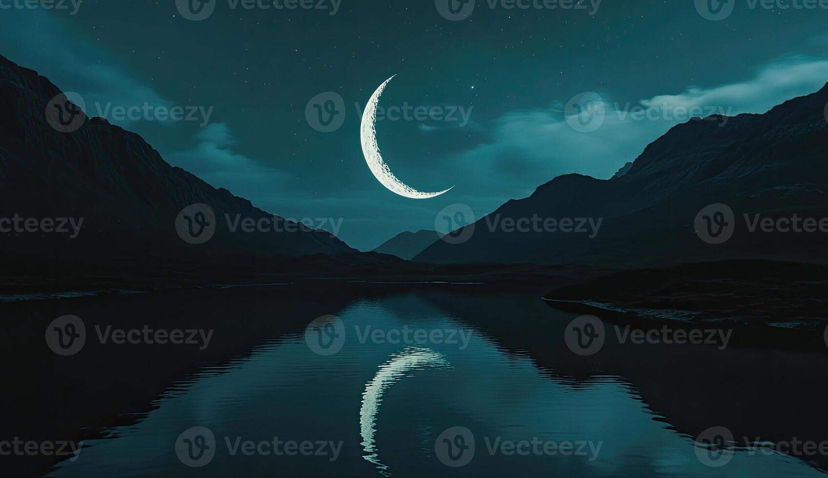 A crescent moon is reflected in the water photo