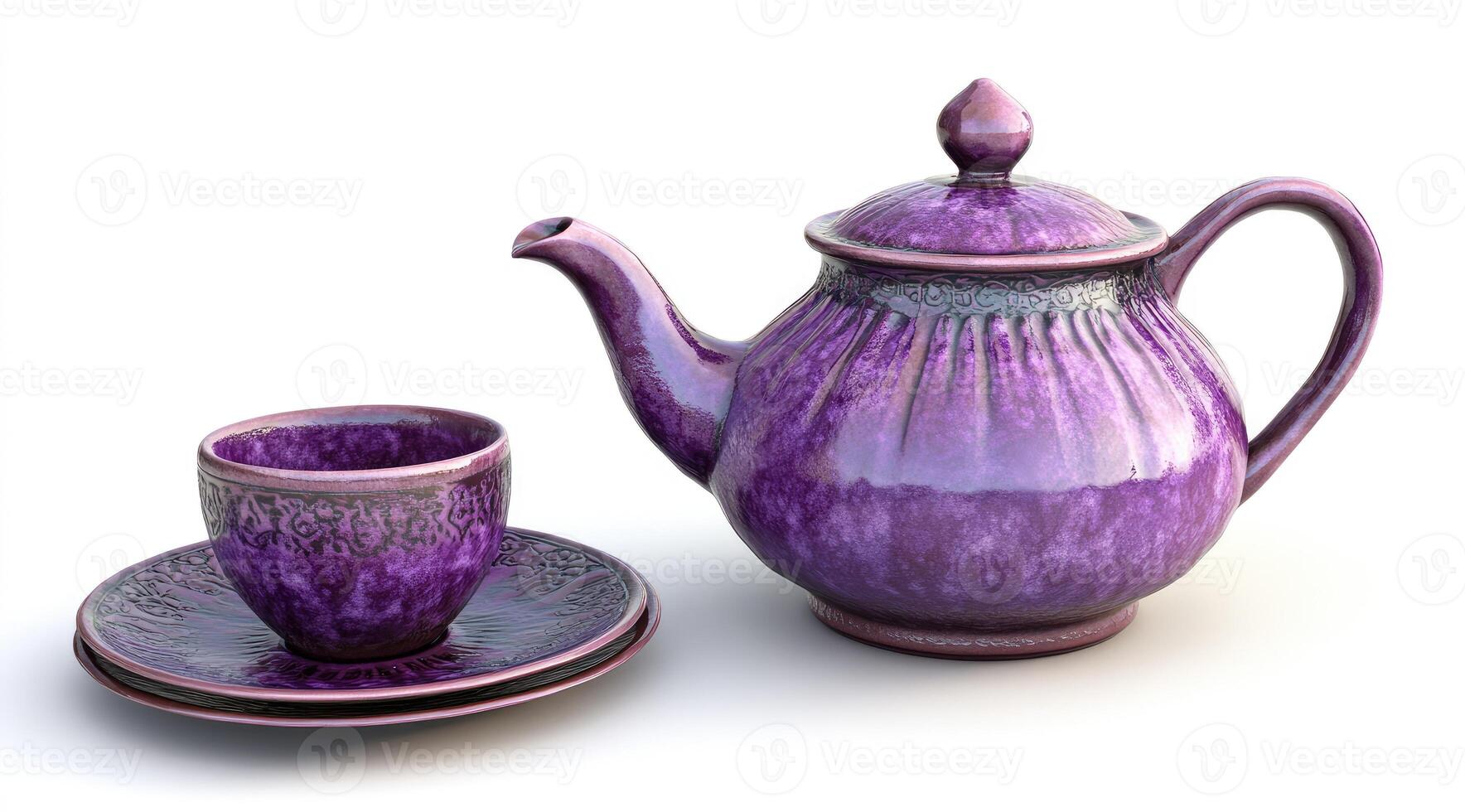 A purple teapot and cup on a white surface photo