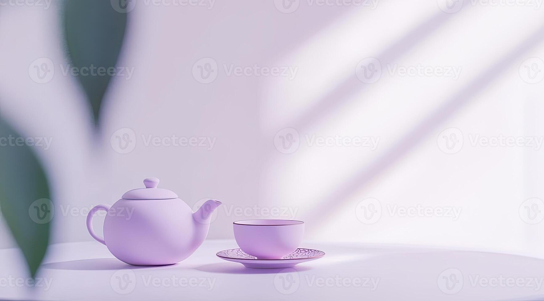 Pastel-toned tea set on a table, bathed in soft light photo