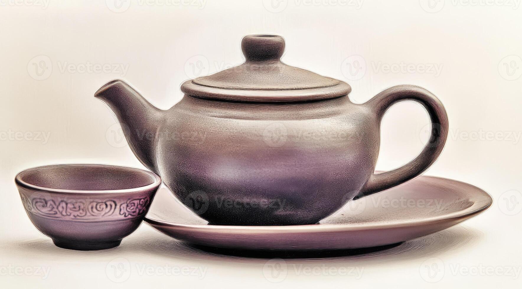 A ceramic teapot and cup on a white background photo