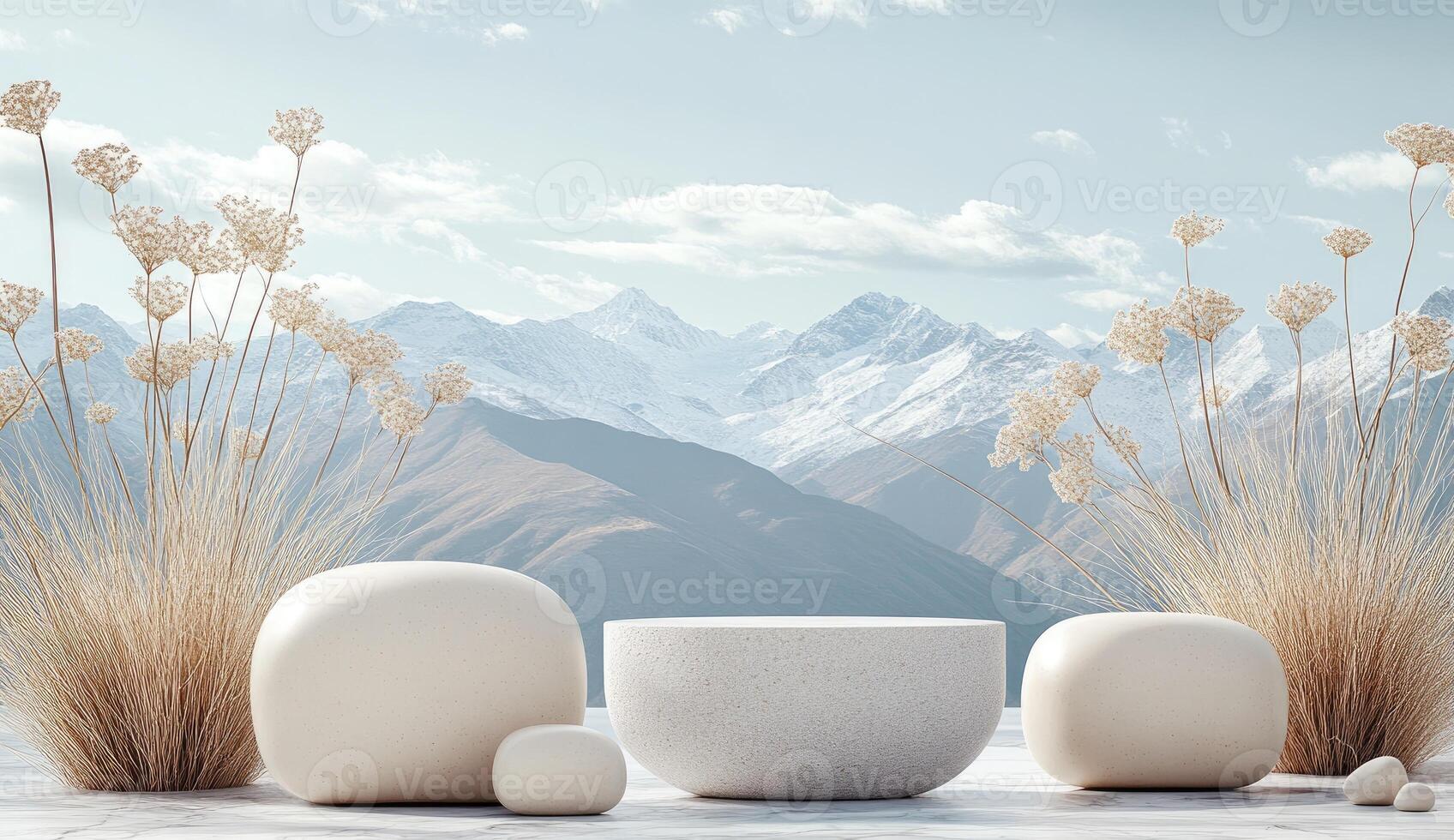 Calm mountain scene, minimalist display photo