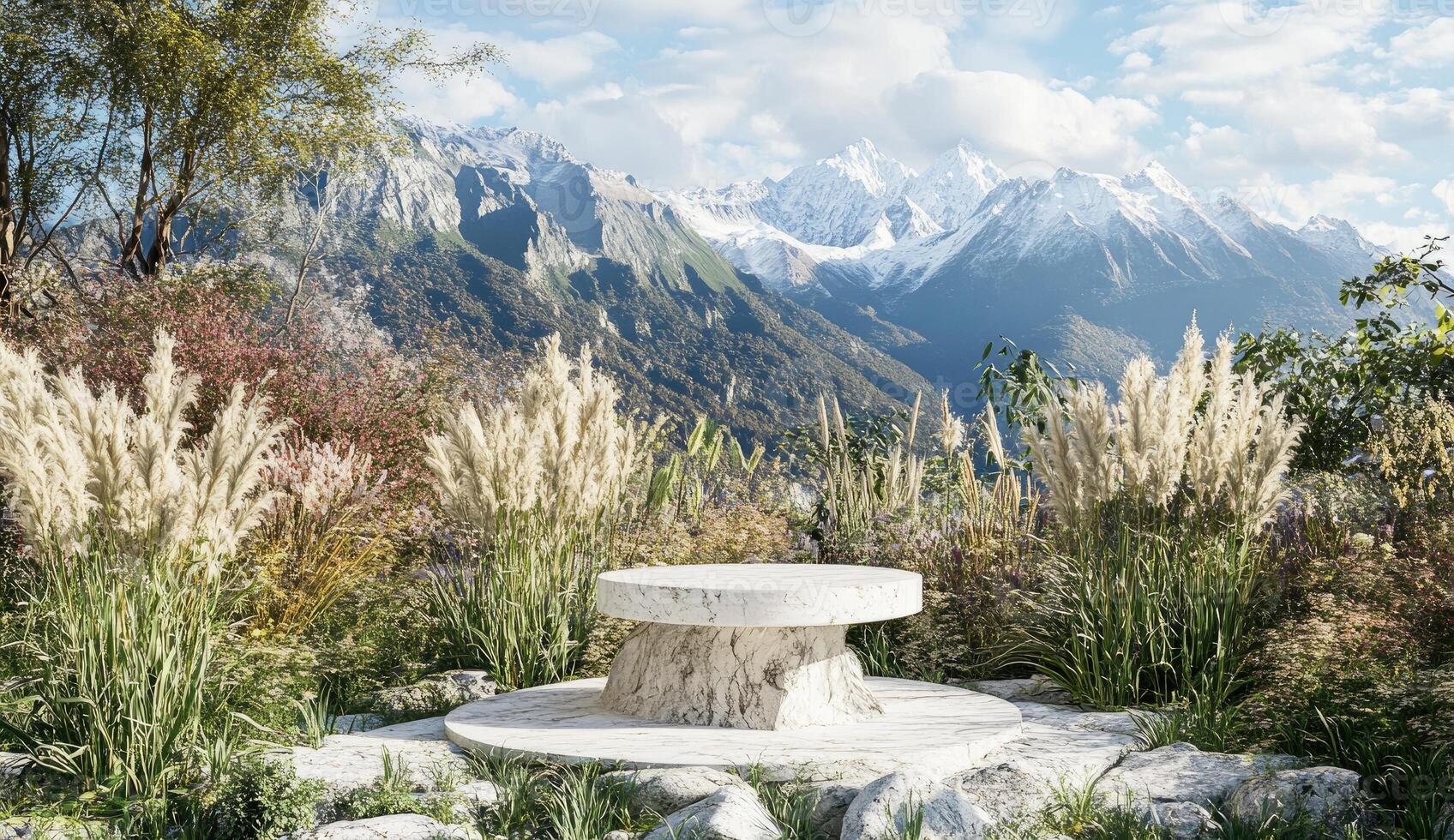 Outdoor pedestal table amidst mountain scenery photo
