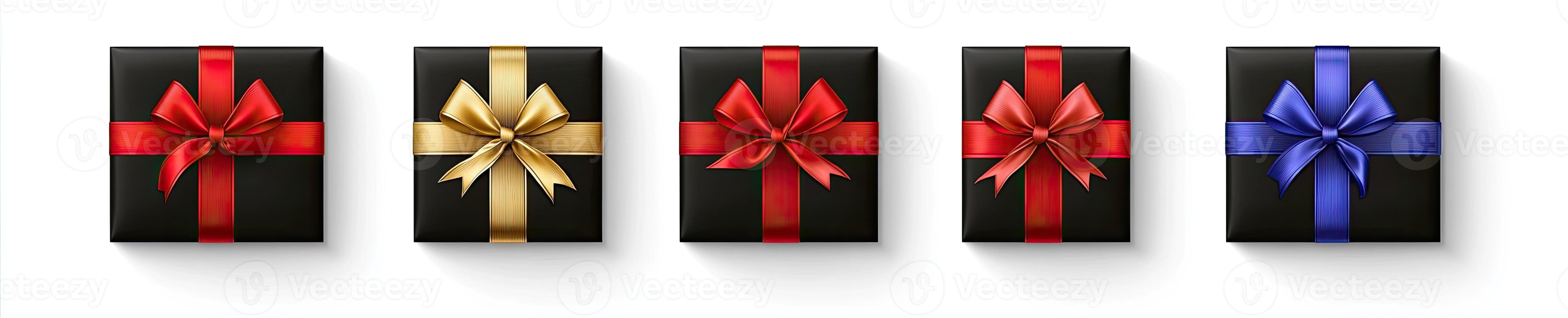 Four black boxes with red, blue and gold ribbons photo