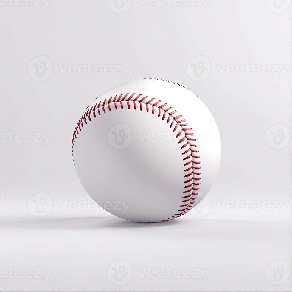 A baseball, white with red stitching, sits on a plain white background photo