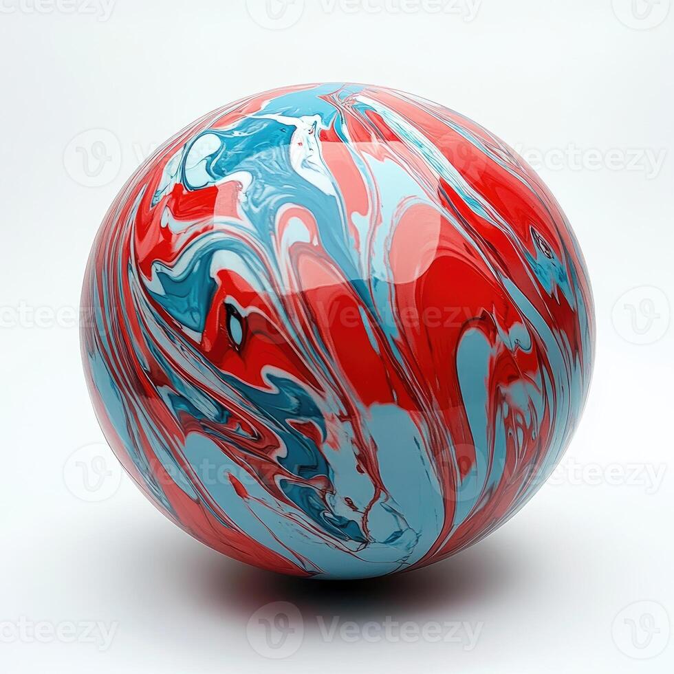 A red, white and blue marble ball with a white background photo