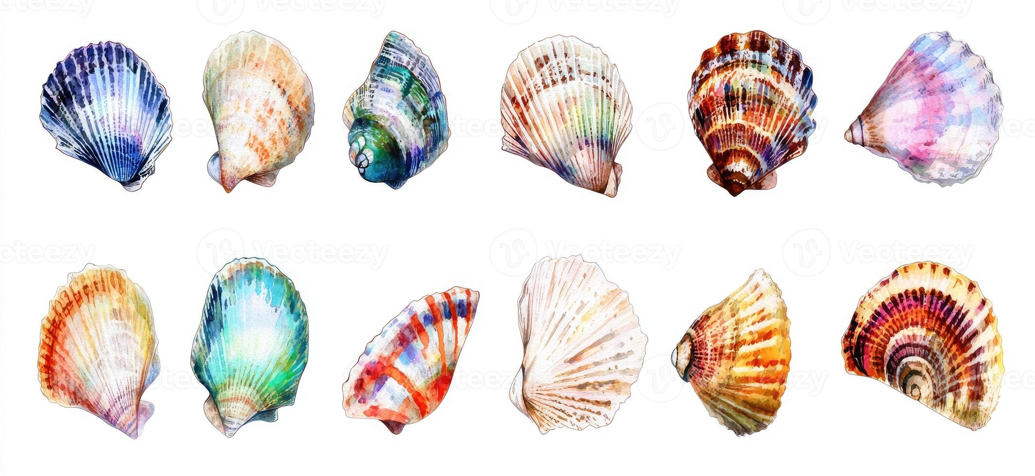 A set of different colored shells on a white background photo