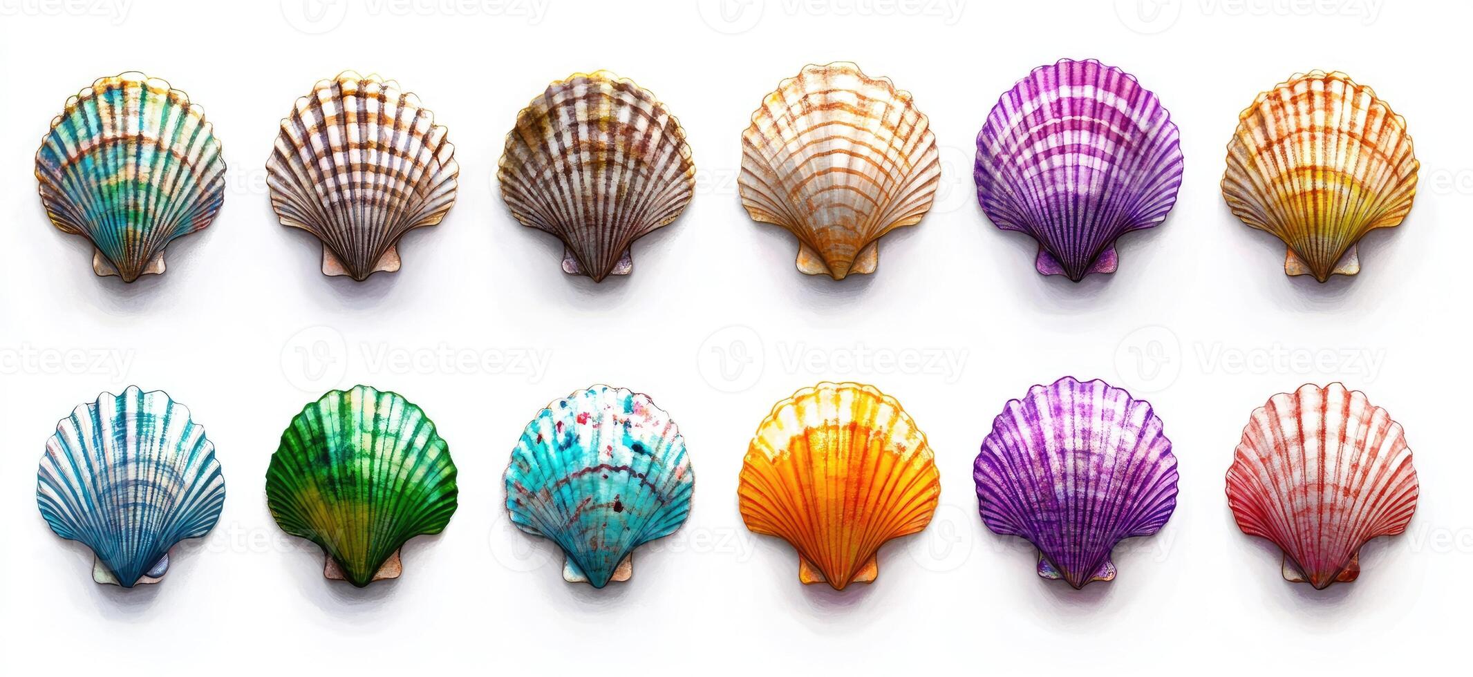 A group of colorful shells arranged in a row photo