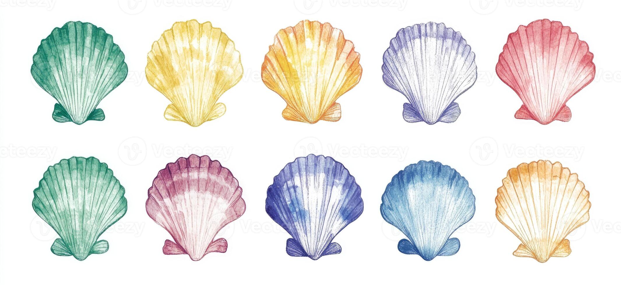 Watercolor shell set with different colors photo