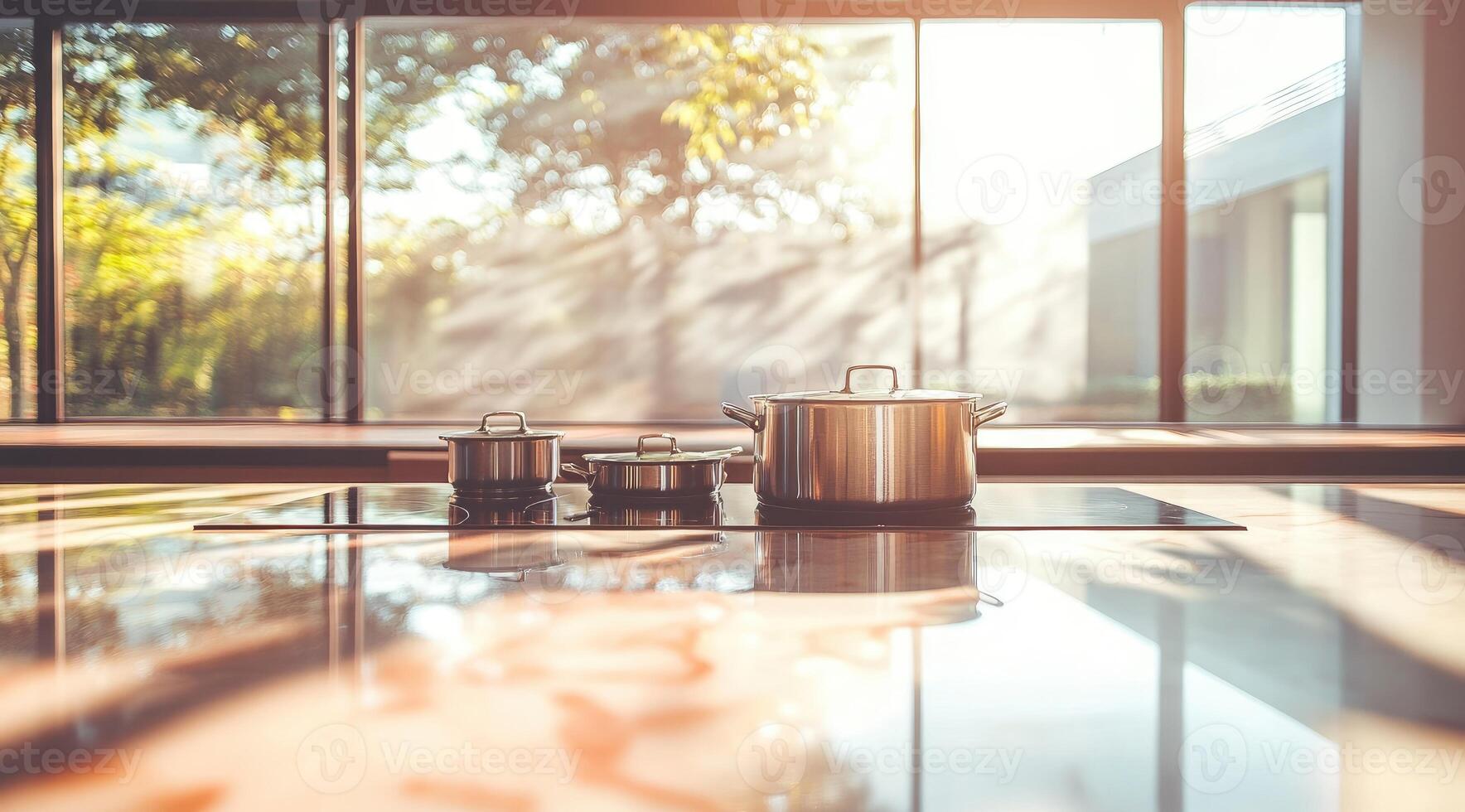Modern kitchen countertop with stainless steel cookware. Sunlight streams through large windows photo