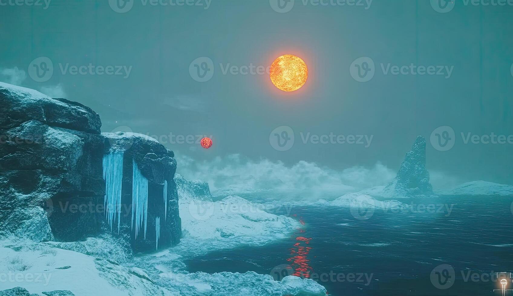 Frozen alien coastline, fiery sun photo