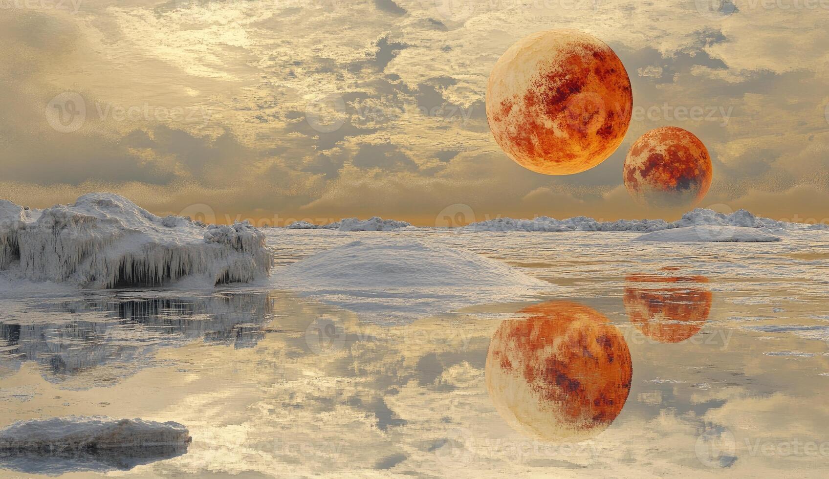 Frozen landscape, fiery moons, reflecting skies photo