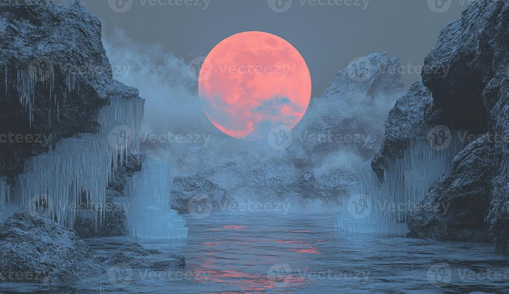Frozen landscape under a vibrant pink moon photo