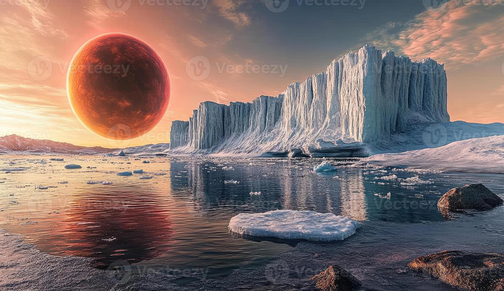 Frozen landscape, crimson sun, icy cliffs photo