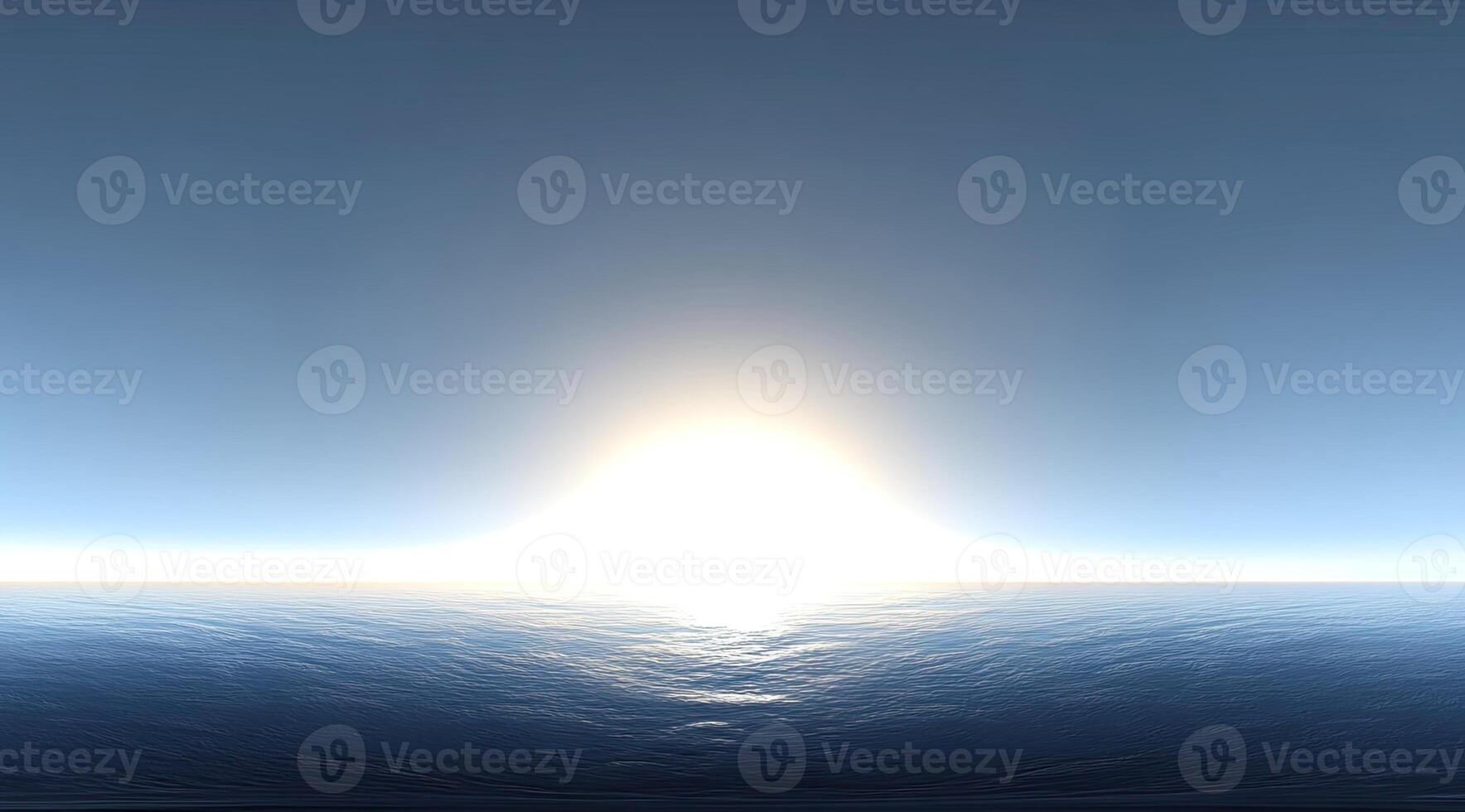 Vast, serene vista of a horizon meeting a bright, sunlit sky. A flat, smooth, water surface reflects the light photo