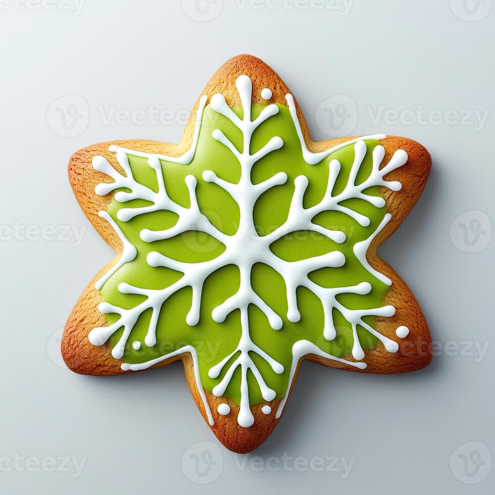 Festive star-shaped cookie with green icing snowflake design photo