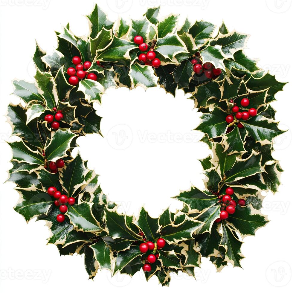 Circular holly wreath with red berries photo