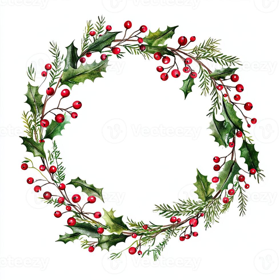 Watercolor christmas wreath with holly berries and berries photo