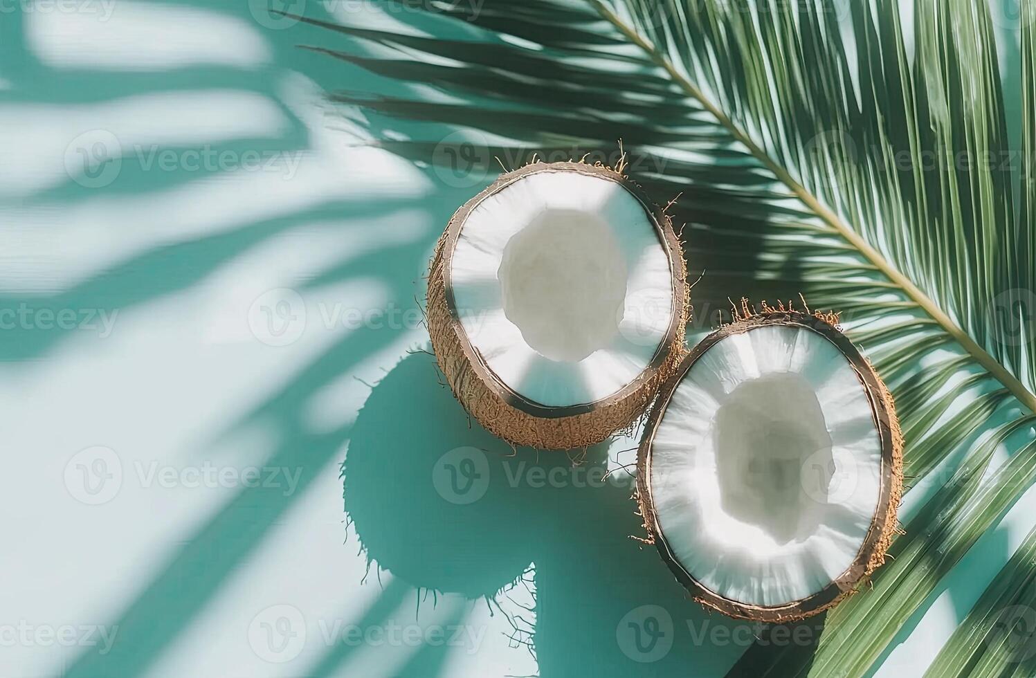 Two halves of fresh coconuts under a palm leaf photo