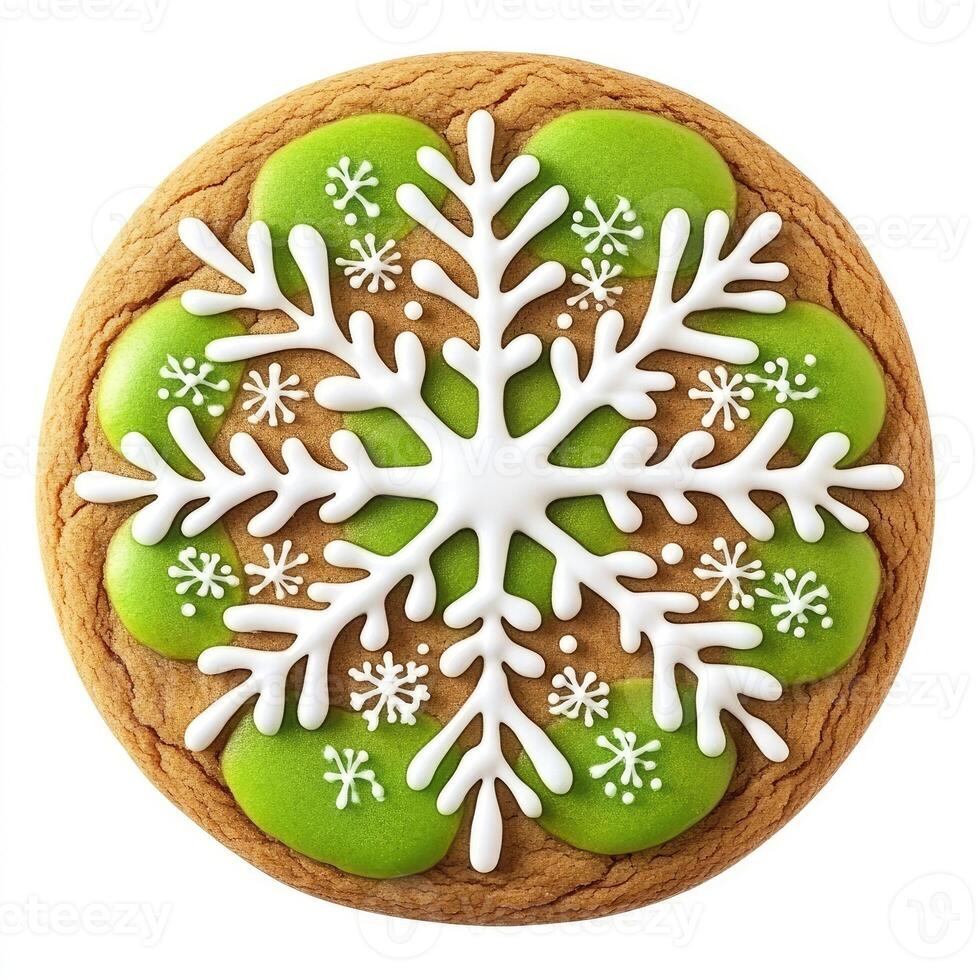 Round, festive gingerbread cookie decorated with a large snowflake design. Green icing accents the edges and the snowflake photo