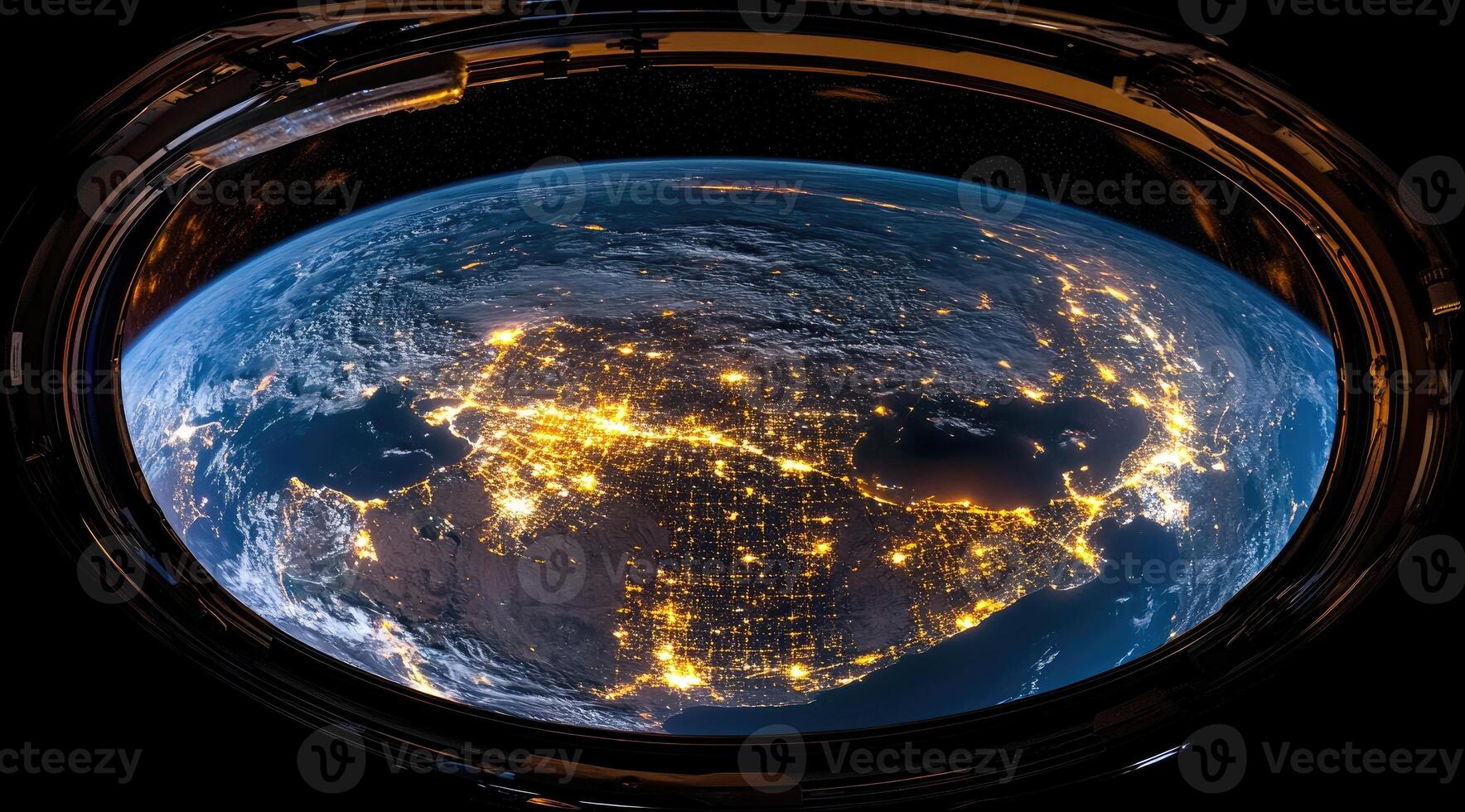 Earth's illuminated expanse viewed from space. A stunning perspective of the North American continent, showcasing the intricate network of city lights below a celestial backdrop photo